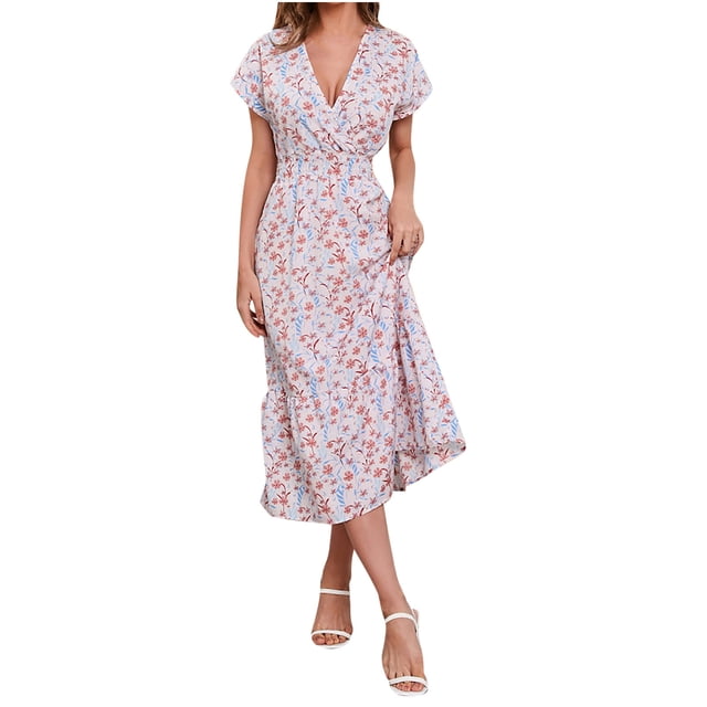Robe à Manches Courtes pour Femmes Mode Femmes Été Décontractée Col en V Imprimé Floral Robe Ample à Manches Courtes