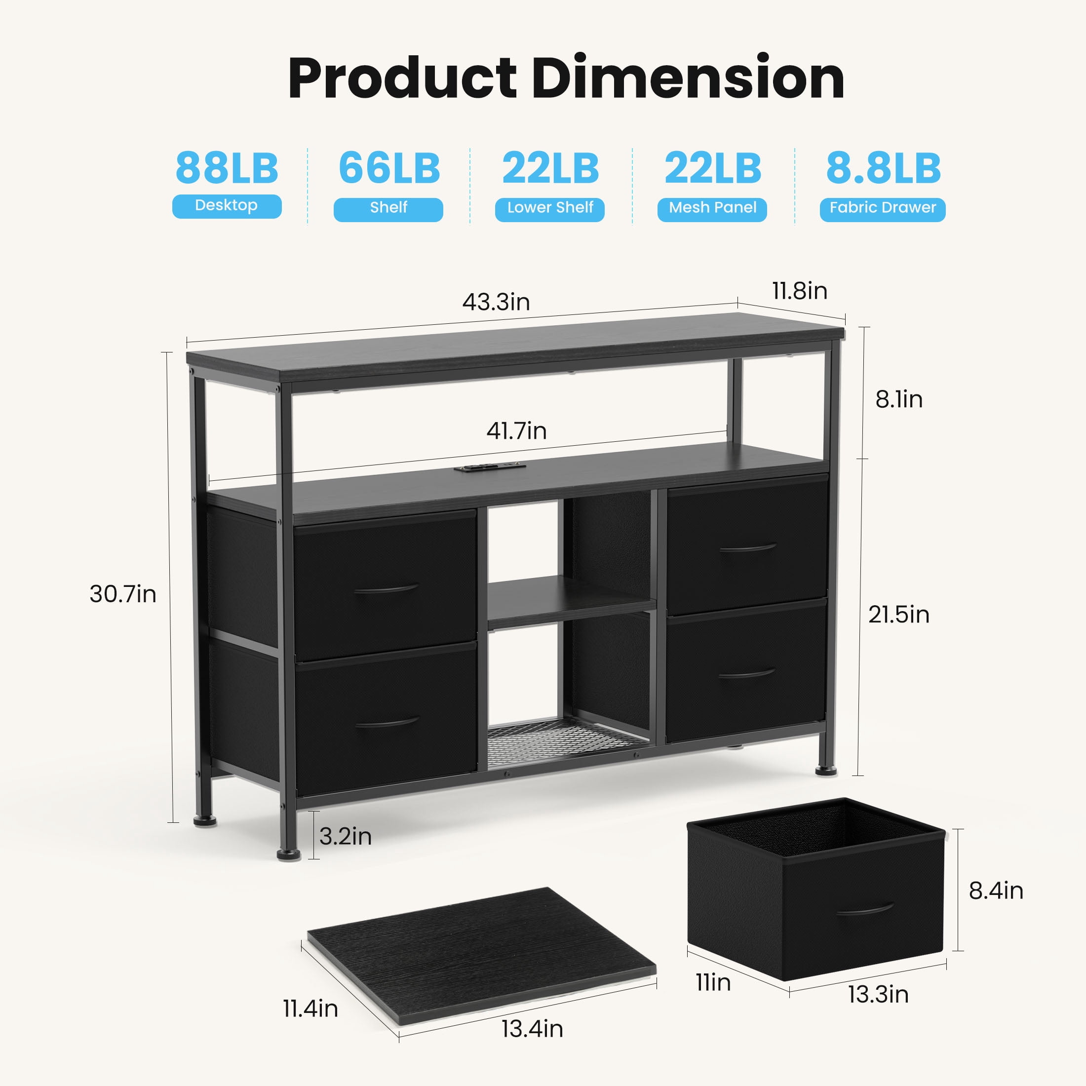 MCQ 43" TV Stand with 4 Fabric Drawers, Built-in Outlet - Perfect for Living Room and Bedroom, Black