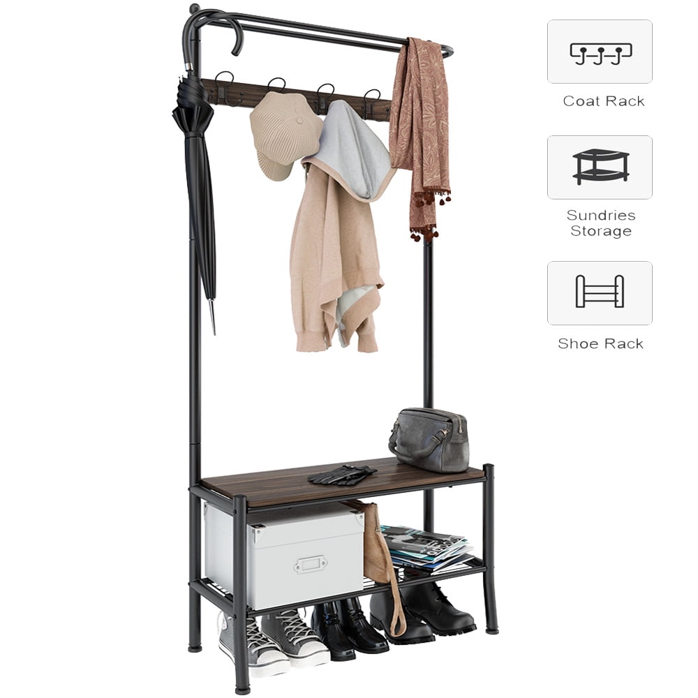 LANGRIA Entryway Metal Storage Shoe Bench with Coat Rack, 3 Tiers and 5 Free Hooks Black Finish