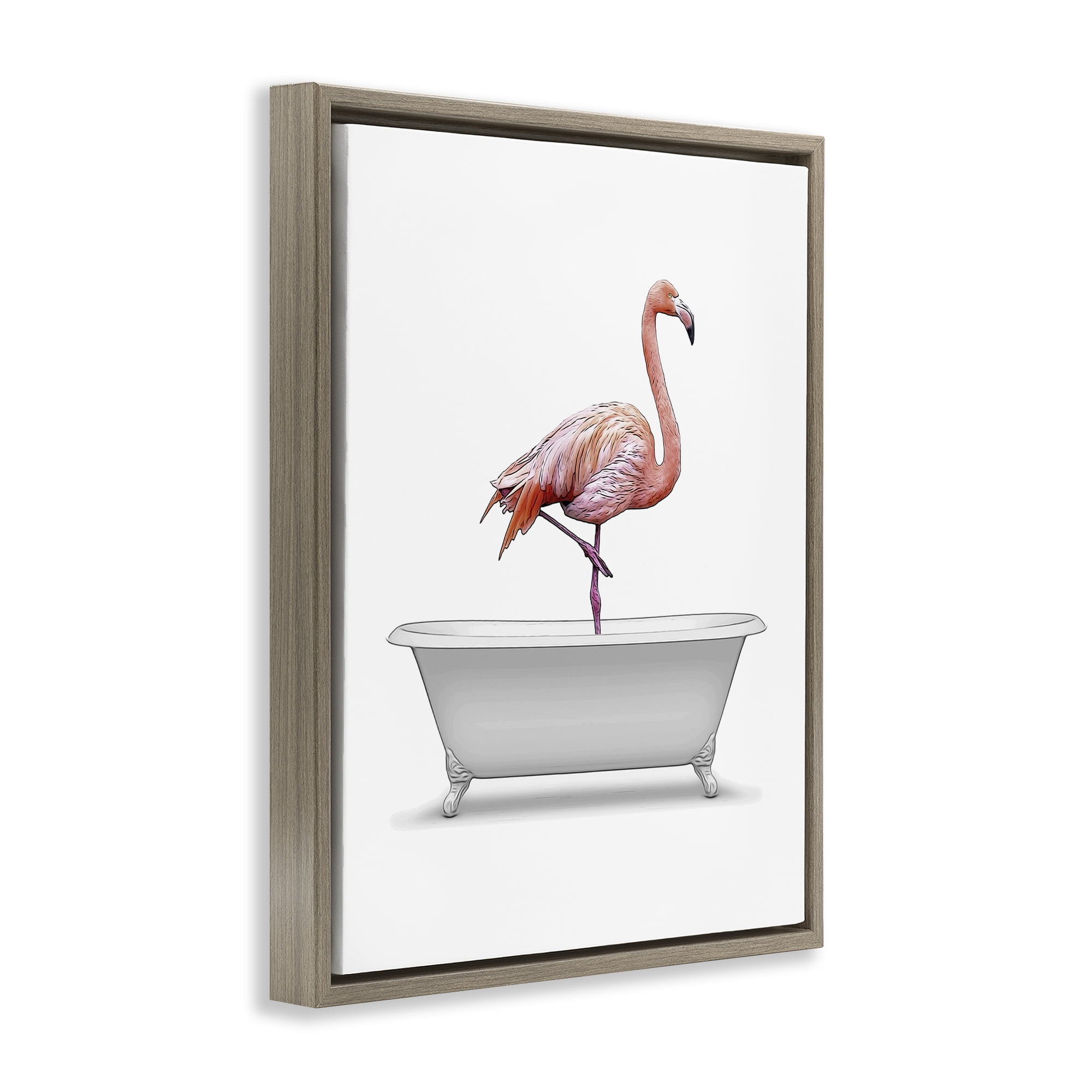 Stupell Industries Traditional Flamingo in Bath Bath & Laundry Painting Brown Floater Framed Canvas Art Print Wall Art, 17 x 21