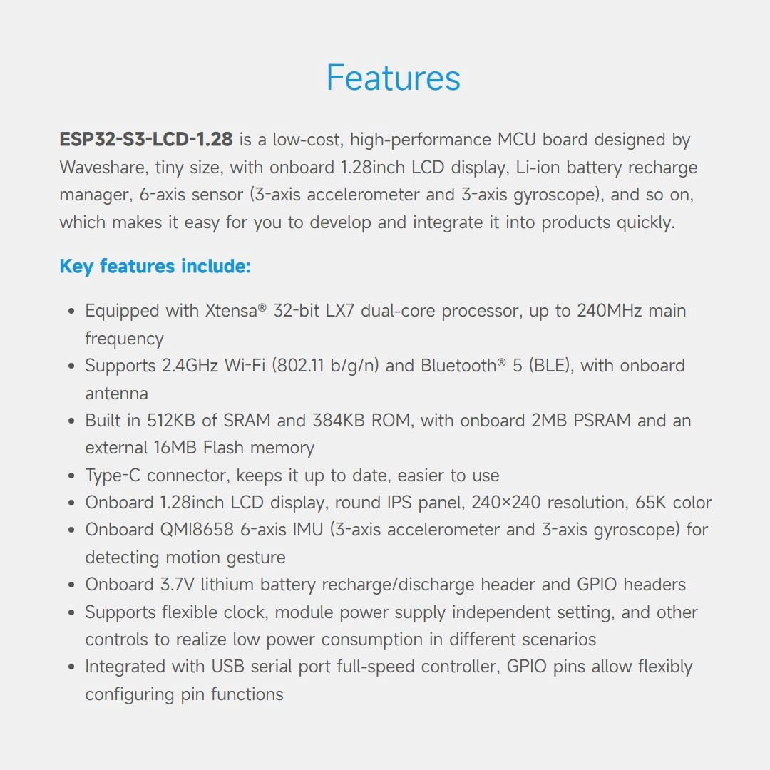 ESP32-S3 Development Board, 32-Bit LX7 Dual-Core Processor, Integrates GC9A01 Display Driver Chip, with 1.28inch IPS Round LCD, 240×240 Resolution, Supports WiFi/Bluetooth