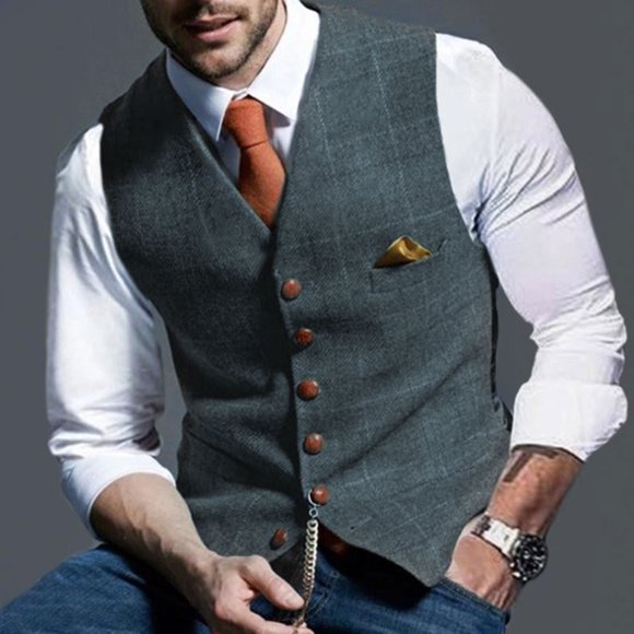 Mefallenssiah Winter Jacket for Men Men Lattice V-Neck Single-Breasted Vest Suit Business Waistcoat