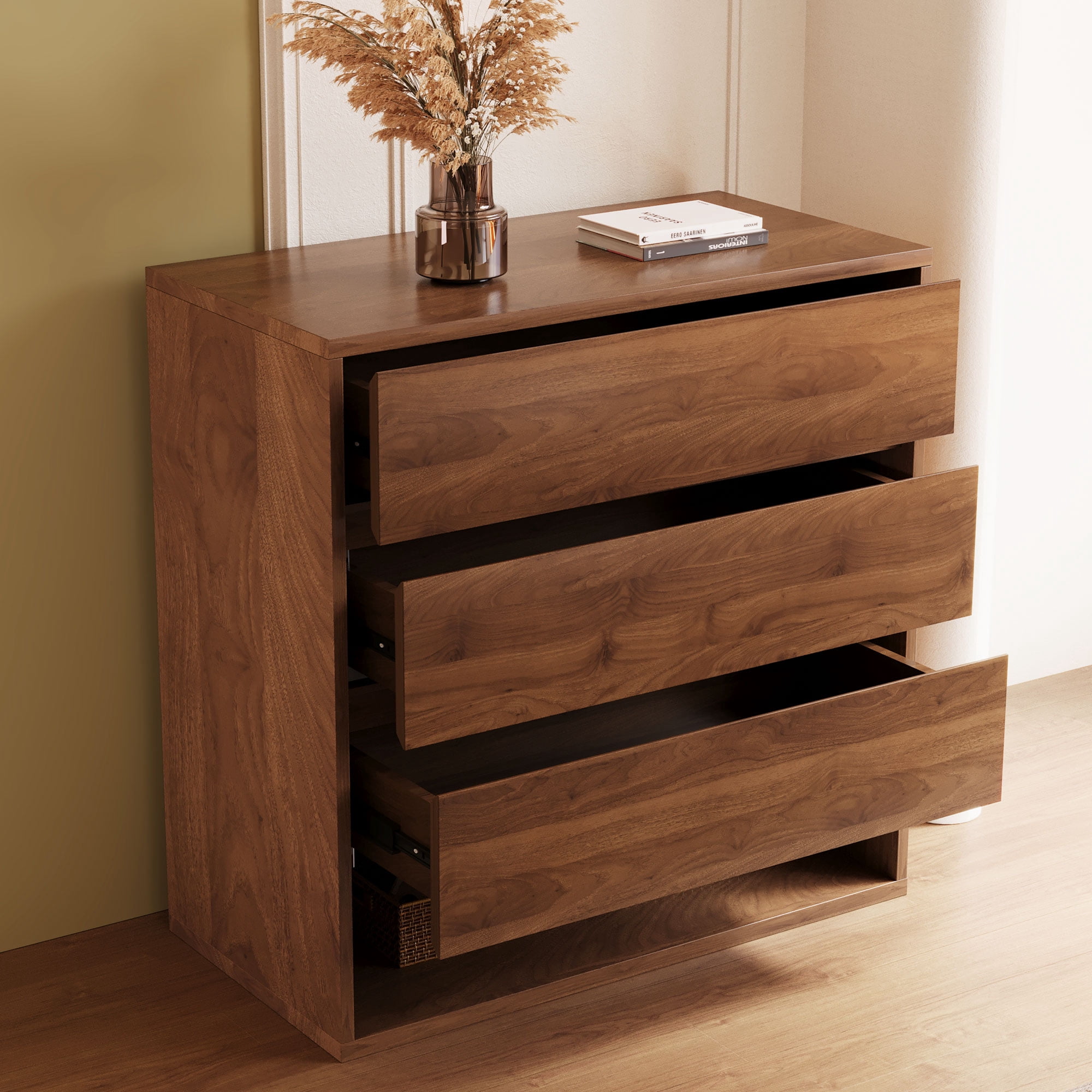 NessCarsti Natural Wood Three - Drawer Storage Cabinet with Shelves, Walnut Brown, 29.52"