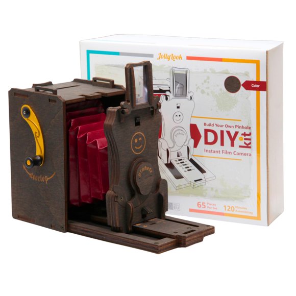 Jollylook Pinhole Instant Film Camera Building Set - 3D Wooden Puzzle for Adults - Retro Vintage Steampunk Mechanical Wood Model to Build - Compatible with Instax Mini F