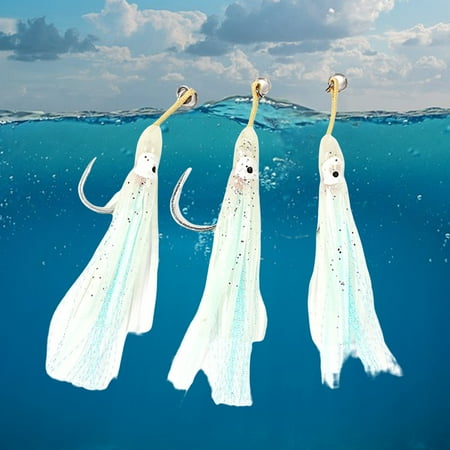 AURORA TRADE 3Pcs Luminous Octopus Baits Fishing Hooks Flexible High Simulation Barbed Soft PVC Squid Skirt Jigging Hooks Sea Fishing