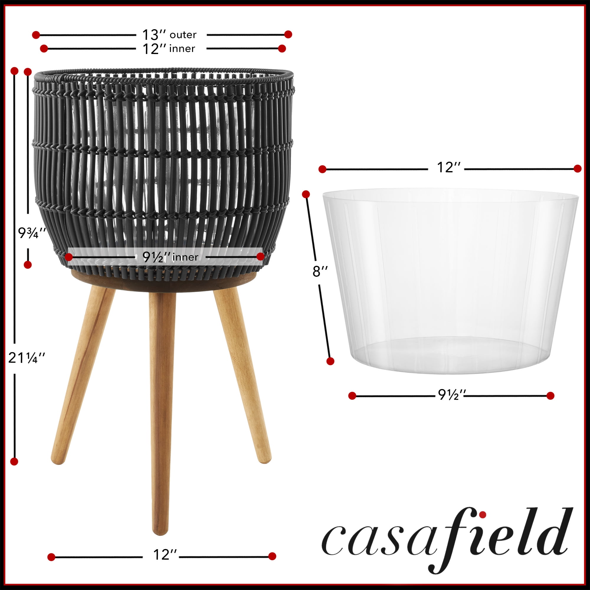 Casafield Floor Planter with Wood Legs in Black, Planter Basket with Stand, Large Plant Pot Cover with Liner