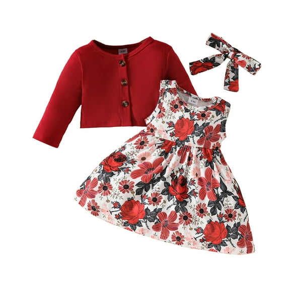 Kuleyang 3PS Toddler Little Girls Dress and Cardigan Sets Floral Print Sleeveless Dress and Long Sleeve Cardigan Ruffle Shrug Fall Winter Party Clothes Set 9-12 Months