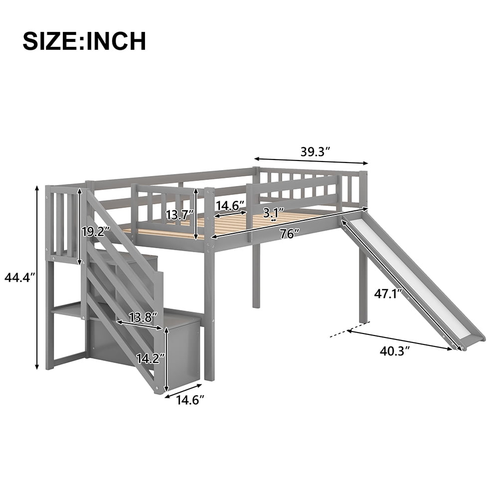 Kadyn Twin Mood Loft Bed with Adjustable Slide, Multifunctional Design, Gray