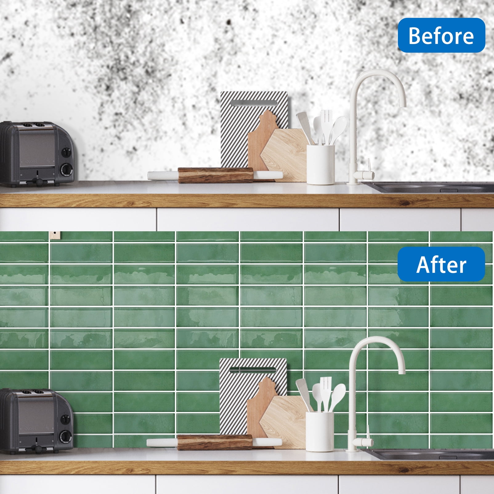 DEWOO Peel and Stick Backsplash - 10 Sheets of 12"×12" - 3D Adhesive Peel and Stick Tile Backsplash for Kitchen, Bathroom, Wall Tile, Light Green