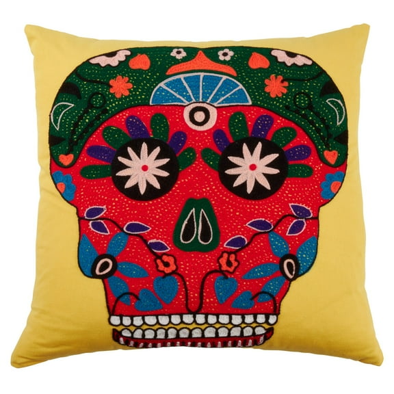 Fennco Styles DÃ­a de los Muertos Collection Gigantic Sugar Skull Embroidered 18 x 18 Inch Throw Pillow Cover â€“ Yellow Throw Pillow Case for Couch, Bedroom and Living Room DÃ©cor