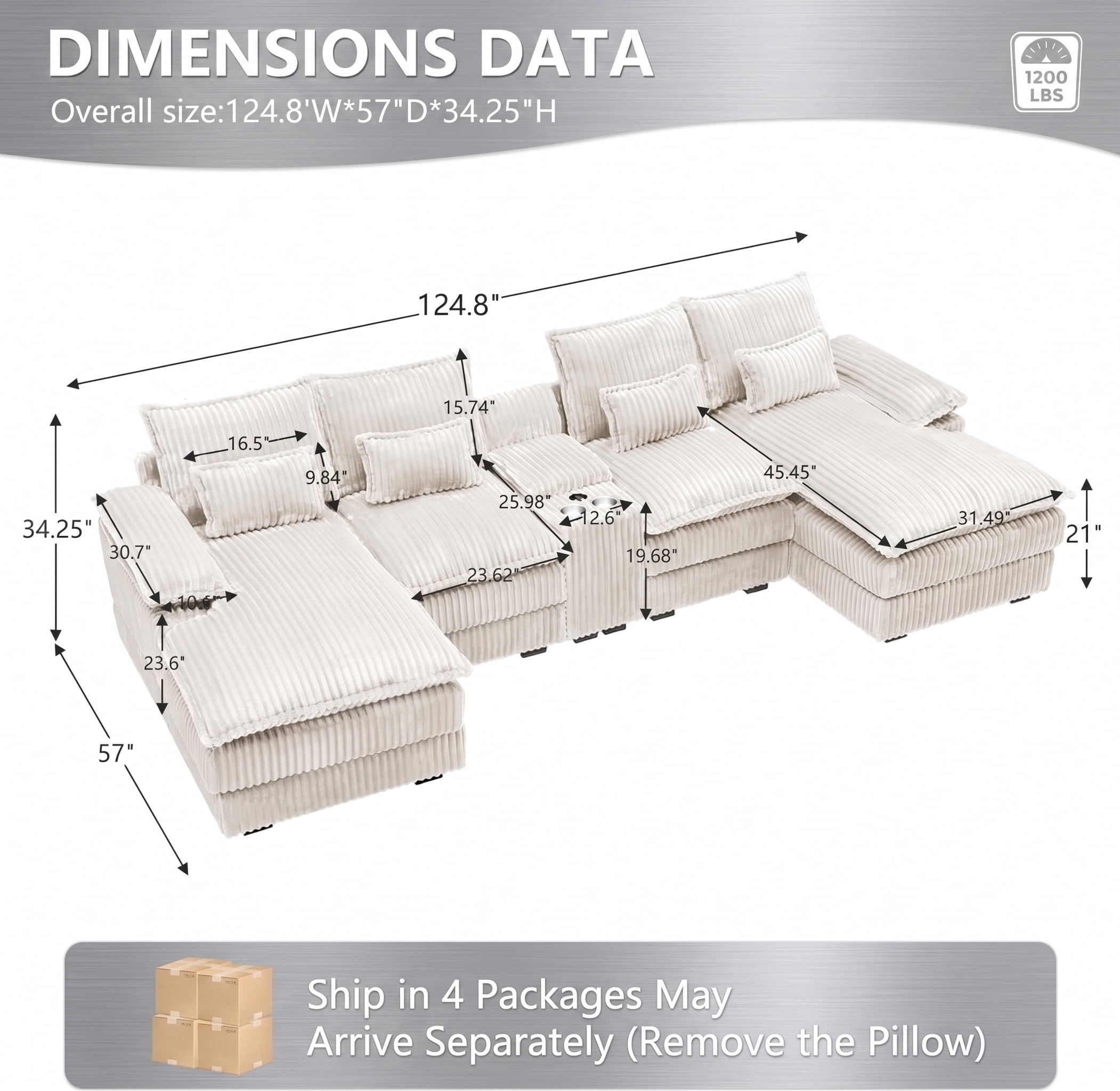 ANPPORT 124" U Shaped Cloud Modular Sectional Sofa, Corduroy Deep Seat Couch with Storage Console, USB Ports & Cup Holders for Living Room, White