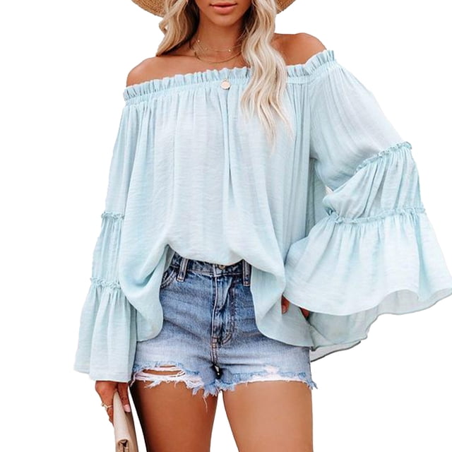 Blusa de manga larga, ligera y transpirable para mujer, estilo tipo 2, talla M, blusa acampanada con hombros descubiertos