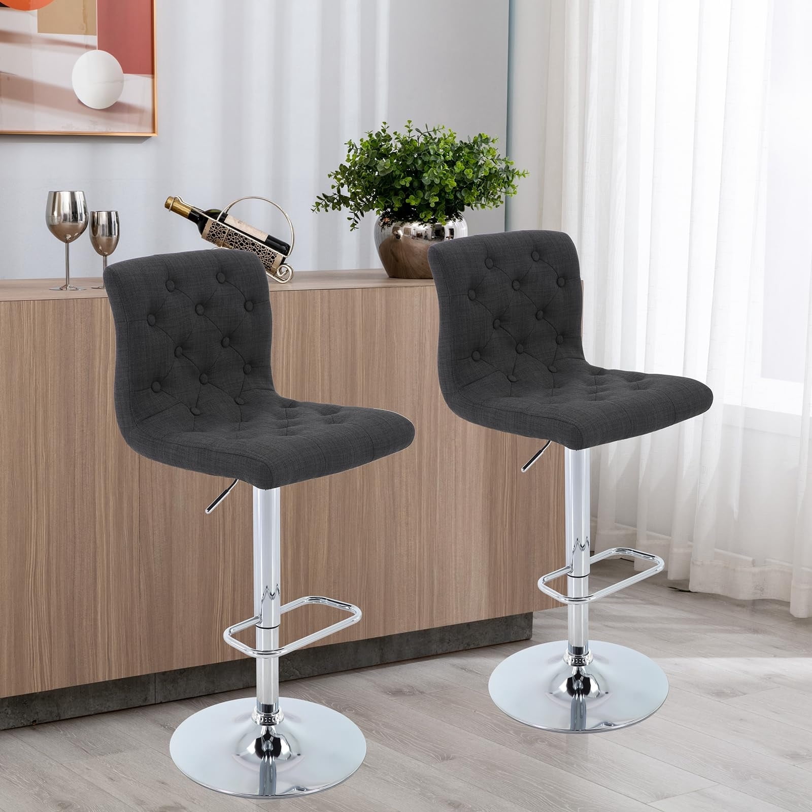 Modern Upholstered Bar Stool with Back Set of 2, Armless 360° Swivel Adjustable Height Linen Padded Bar Chair for Kitchen Island, Dining Room, or Café (Black)