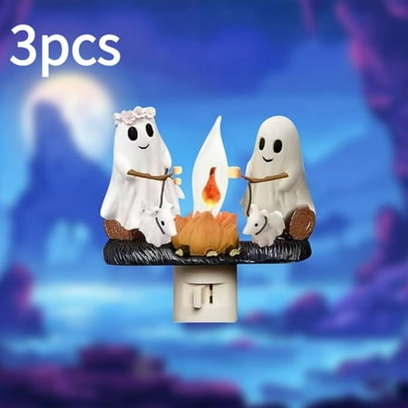 

Ktlvex 2024 Ghost Campfire Flickering Nightlight - 2 Ghosts Roasting s mores at Campfire 3D Spooky Fire Marshmallow Night Light LED Fake Campfire Night Lights Plug into Wall Funny Halloween Decor