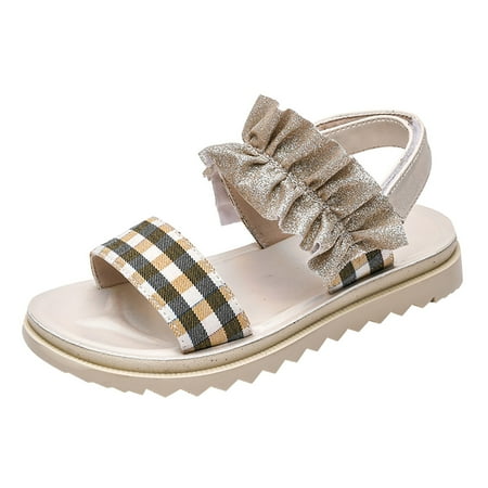 

ZRBYWB Little/Big Kids Girls Sandals Summer Flat Open Toe Sandals Ruffle Striped Pattern Pu Sandals Beach Shoes Daily Shoes Summer Shoes