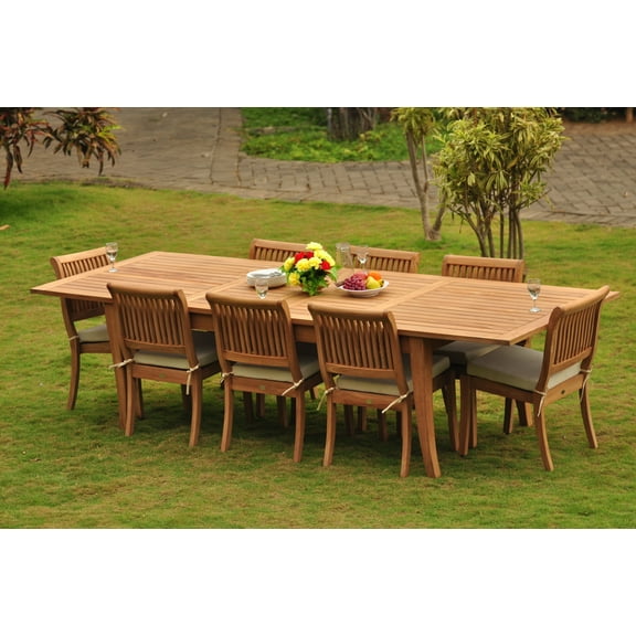 Teak Dining Set: 8 Seater 9 Pc: 118" Atnas Rectangle Table & 8 Stacking Arbor Armless Chairs Outdoor Patio Grade-A Teak Wood WholesaleTeak #WMDSAB19