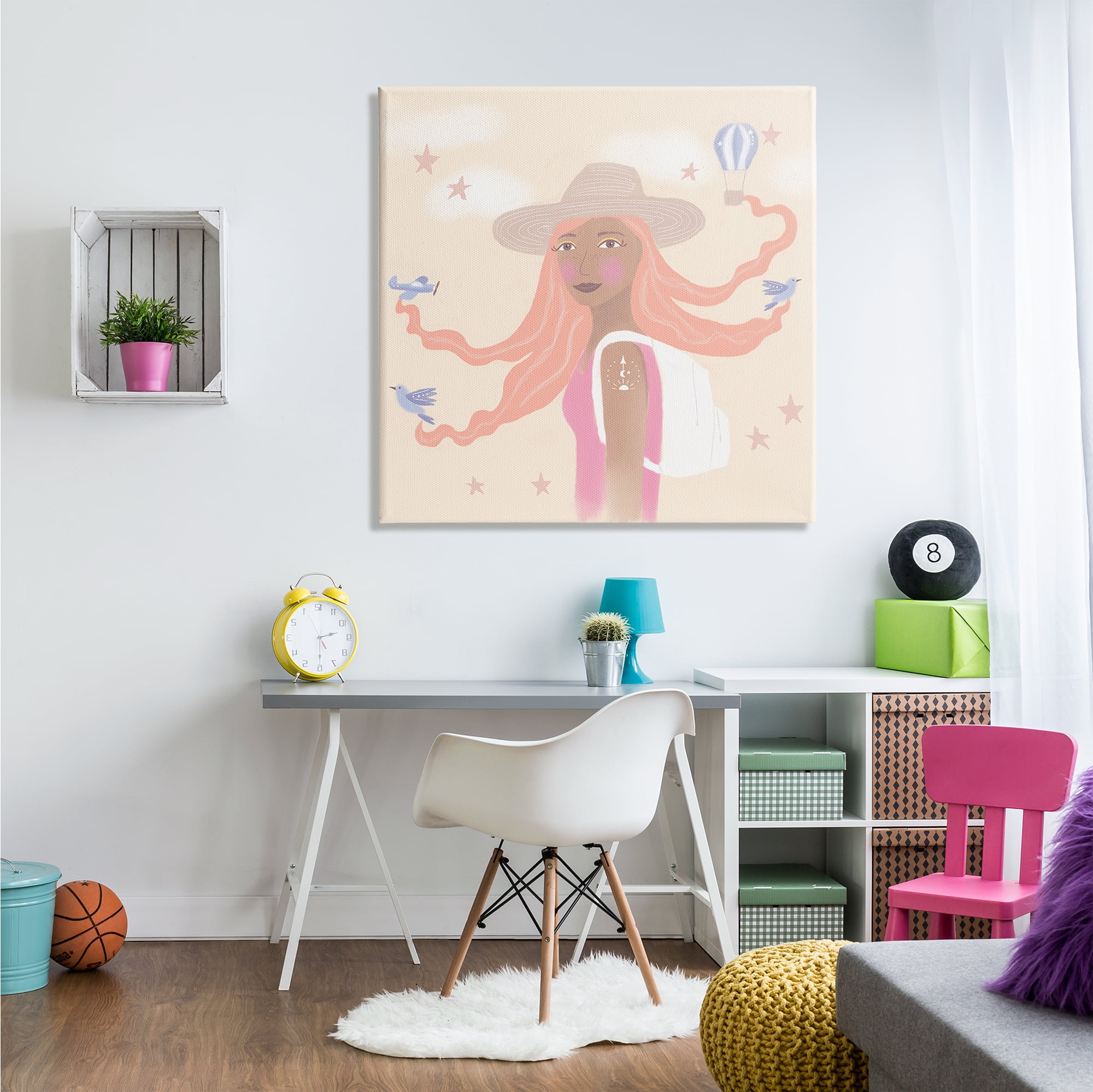 Stupell Industries Girl Flowing Hair Birds Plane Hot Air Balloon, 36 x 36, Design by Tina Devins