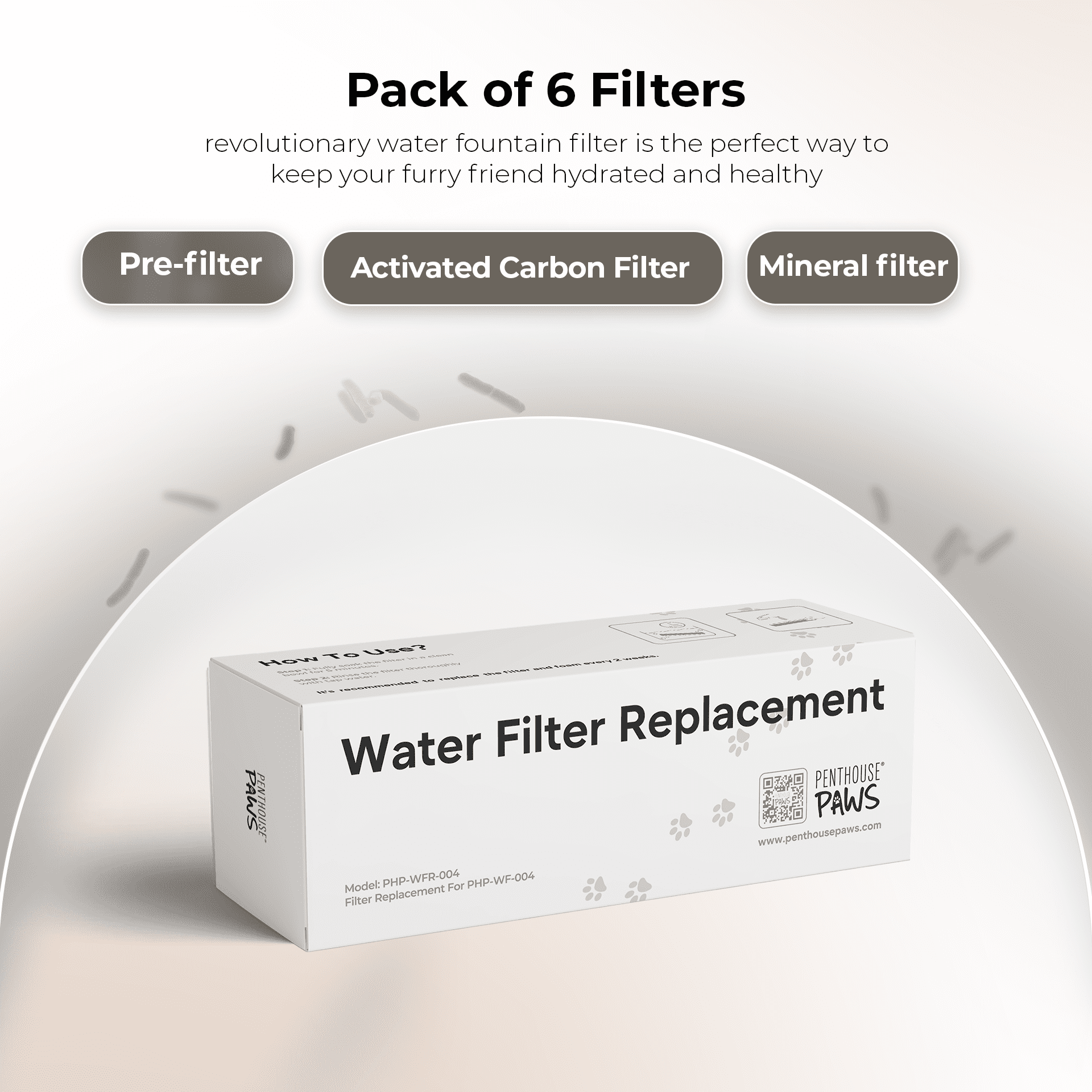 Penthouse Paws Smart Cat Water Fountain Filter Replacement Set, 6 Carbon Filters + 6 Foam Sponges, 5-Layer Filtration, Compatible with 2.2L / 74oz, Adjustable Pet Fountain Filters, for Cat & Dog
