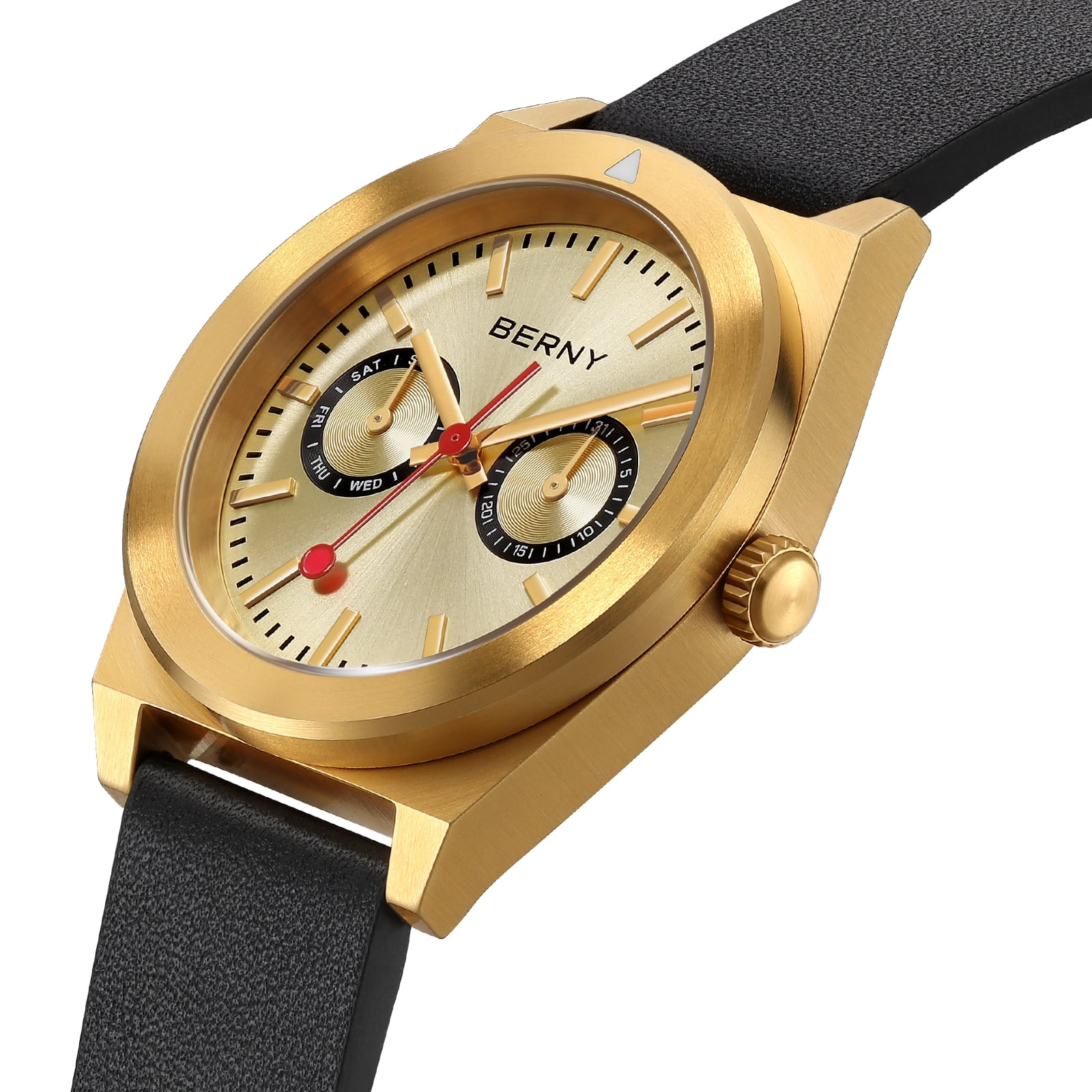 BERNY Gold Watches for Men, Classic Vintage Quartz Analog Watch with Day & Date Calendar, Leather Strap, Stainless Steel, Luminous, Waterproof, Fashion Sport Casual Men's Wristwatch (Gold)