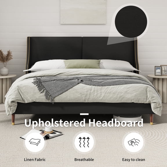 Zanmintaobo King Platform Bed Frame, Upholstered Wingback Headboard with Gold Trim, No Box Spring Needed, Heavy Duty Support, Easy Assembly, Black