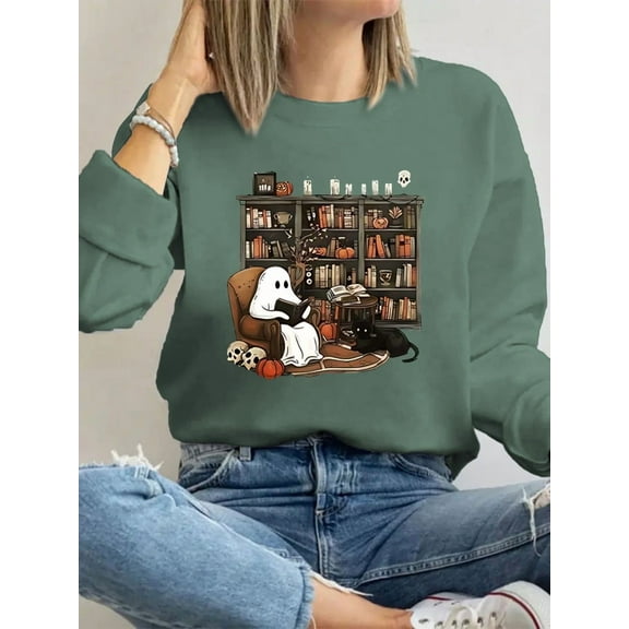 Halloween Spooky Season Sweatshirt Pumpkin Ghost Skull Black Cat  Print Long Sleeve Shirt for Women