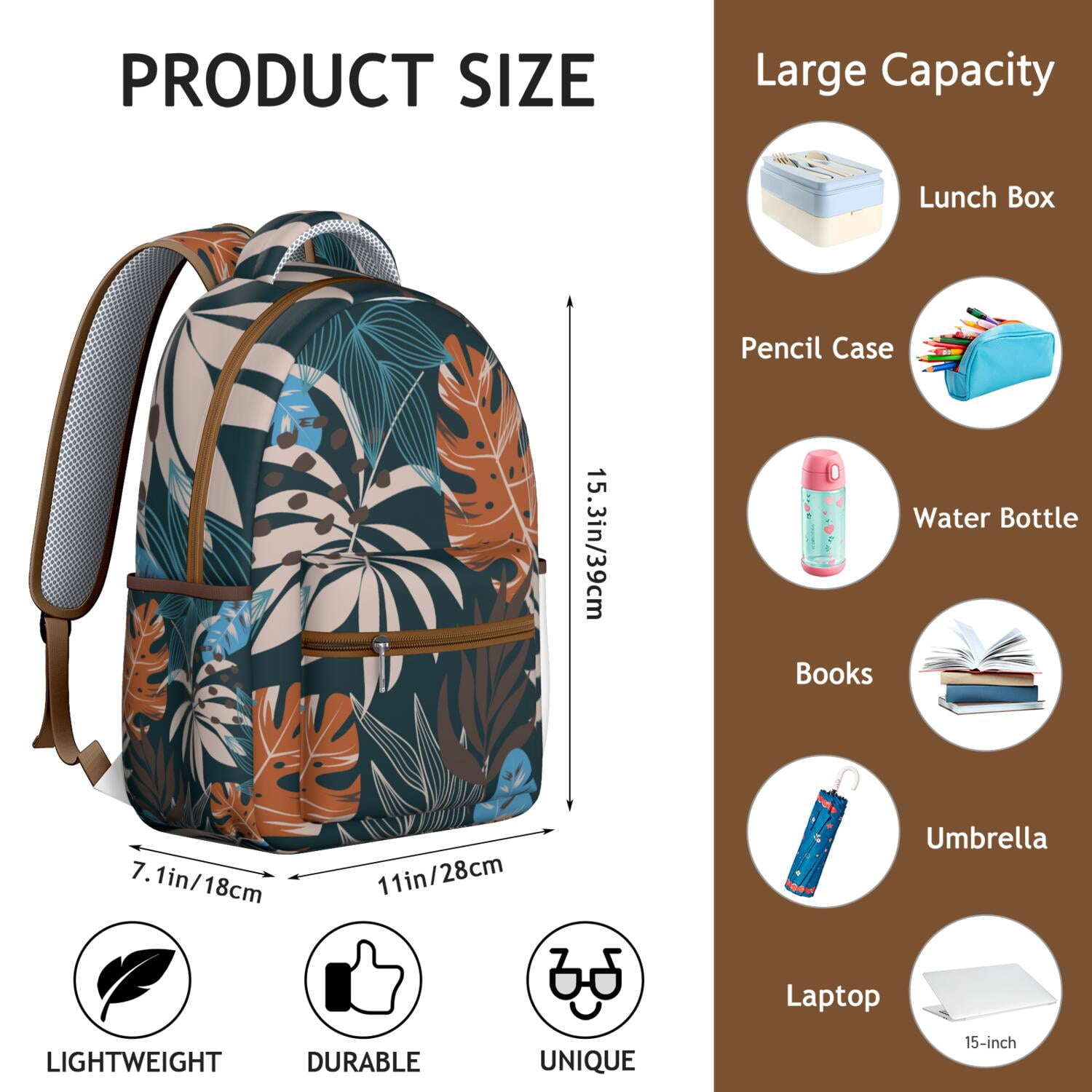 Botanical Jungle Leaves Waterproof School Backpack, Breathable Comfort & Spinal Support Design for Students