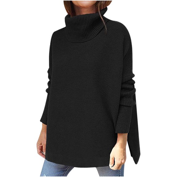 IROINNID Reduced Womens Sweater Turtleneck Pullover Sweater Solid Color Leisure Mid-Length Long Sleeve Winter Sweater Bat Hem Knitted Sweater Tops