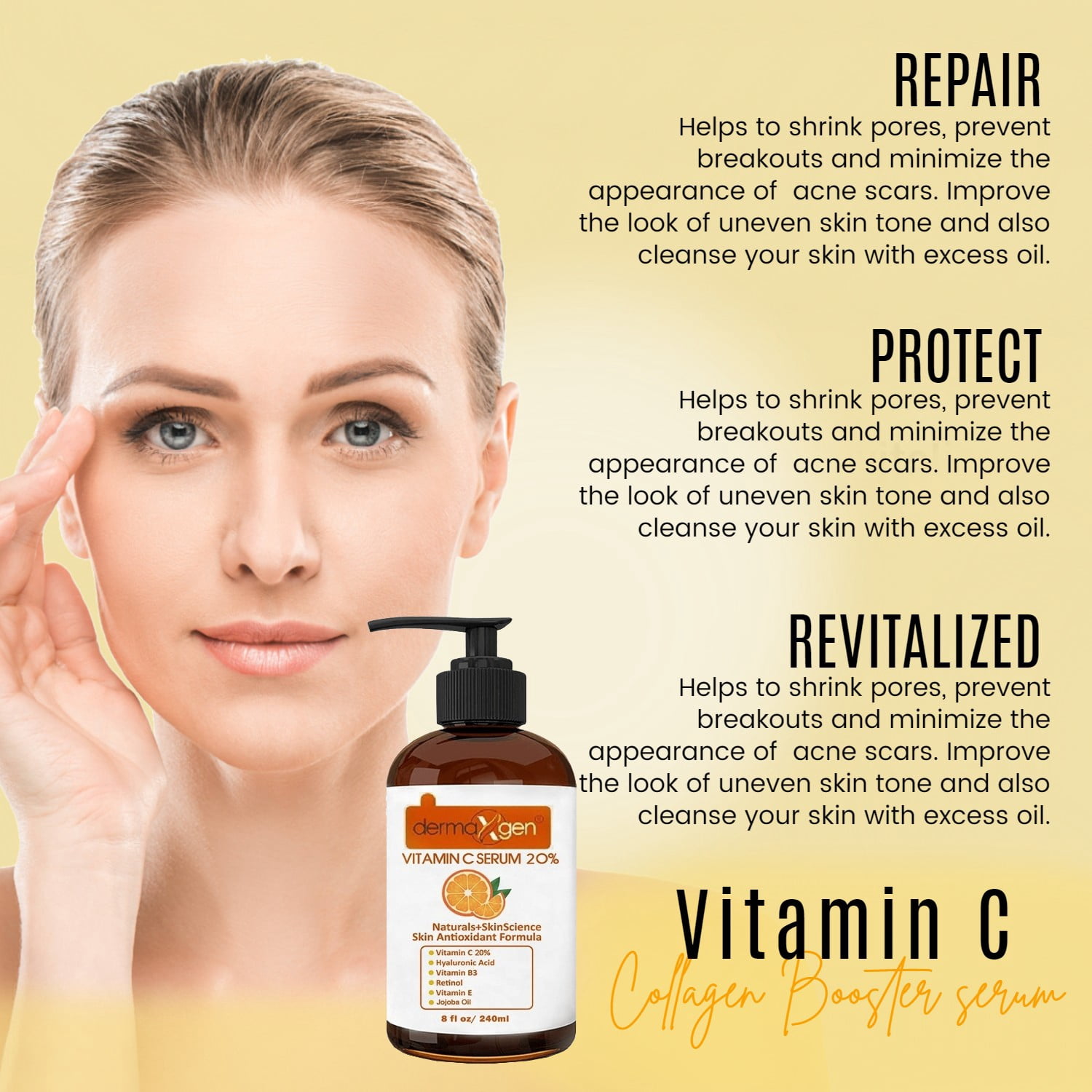 Dermaxgen® PURE ORGANIC Vitamin C 20% + Retinol + Hyaluronic Acid ANTI-AGING SERUM - 8 FL OZ