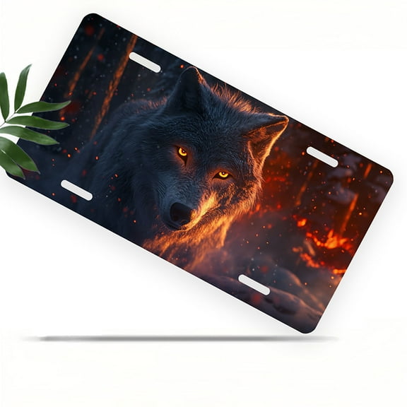 License Plate, Fiery eyed Wolf Decorative Front,Personalized Stainless Steel License Plate Cover For Men Women,12.2" X 6.2"
