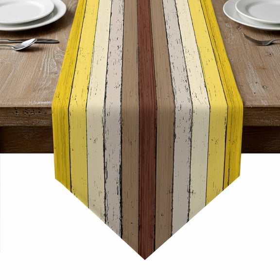 Yellow Brown Table Runner Linen Burlap Table Runner 120 Inches Long Farmhouse Wood Grain Vintage Striped Dresser Scarves for Kitchen Island Coffee Dining Room Party Holiday Decoration 13"x120"