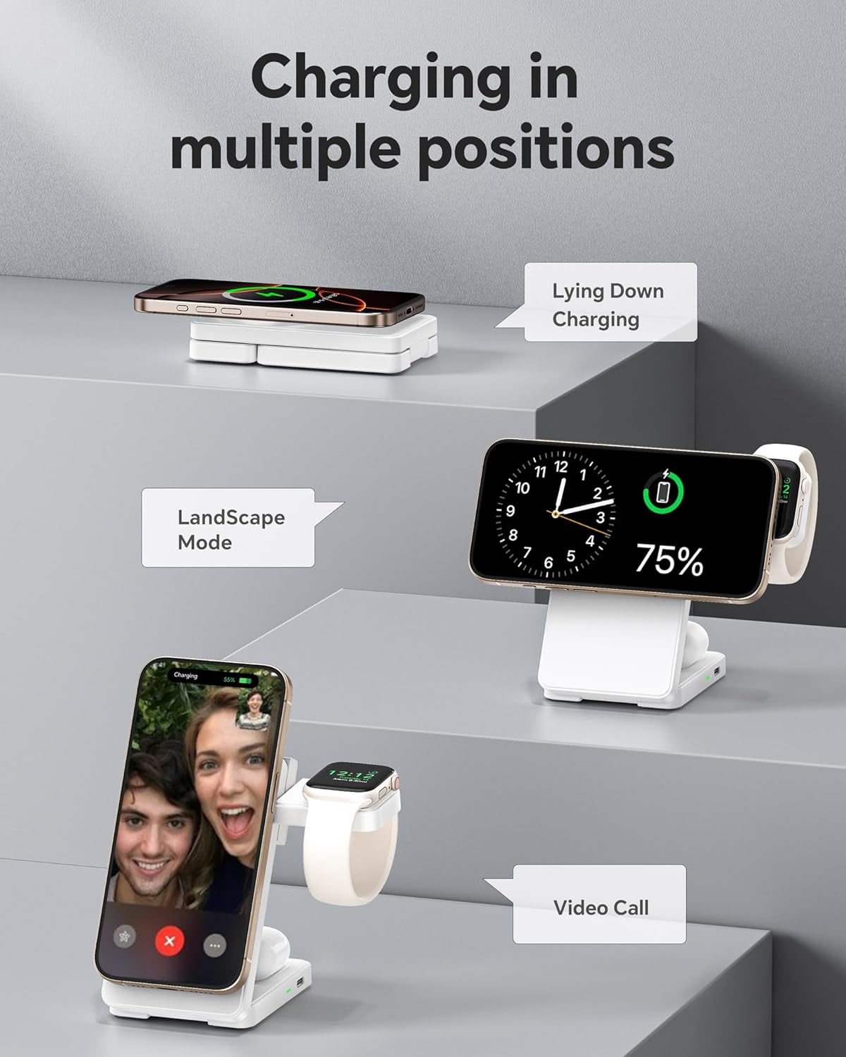 3 in 1 Charging Station for iPhone 17/16/15/14/13/12 Series, Wireless Charger for Apple Watch，Travel Magnetic Charging Stand for AirPods (White)