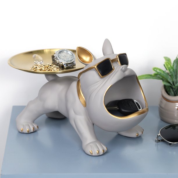 Arte De Bandeja De Mesa Bulldog Animal Figurilla Artesanal Resina Regalo de inauguración de la casa para amigos (Gris)