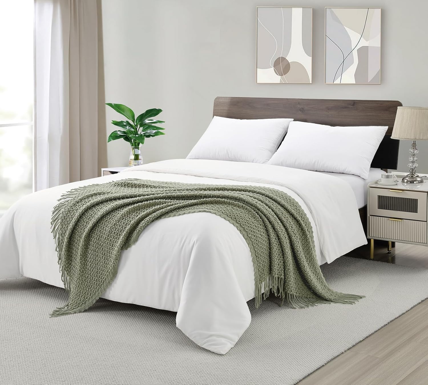 CREVENT Farmhouse Boho Knitted Throw Blanket for Couch Sofa Chair Bed Home Decoration, Soft Warm Cozy Light Weight for Spring Summer Fall (60''X80'' Sage Green)