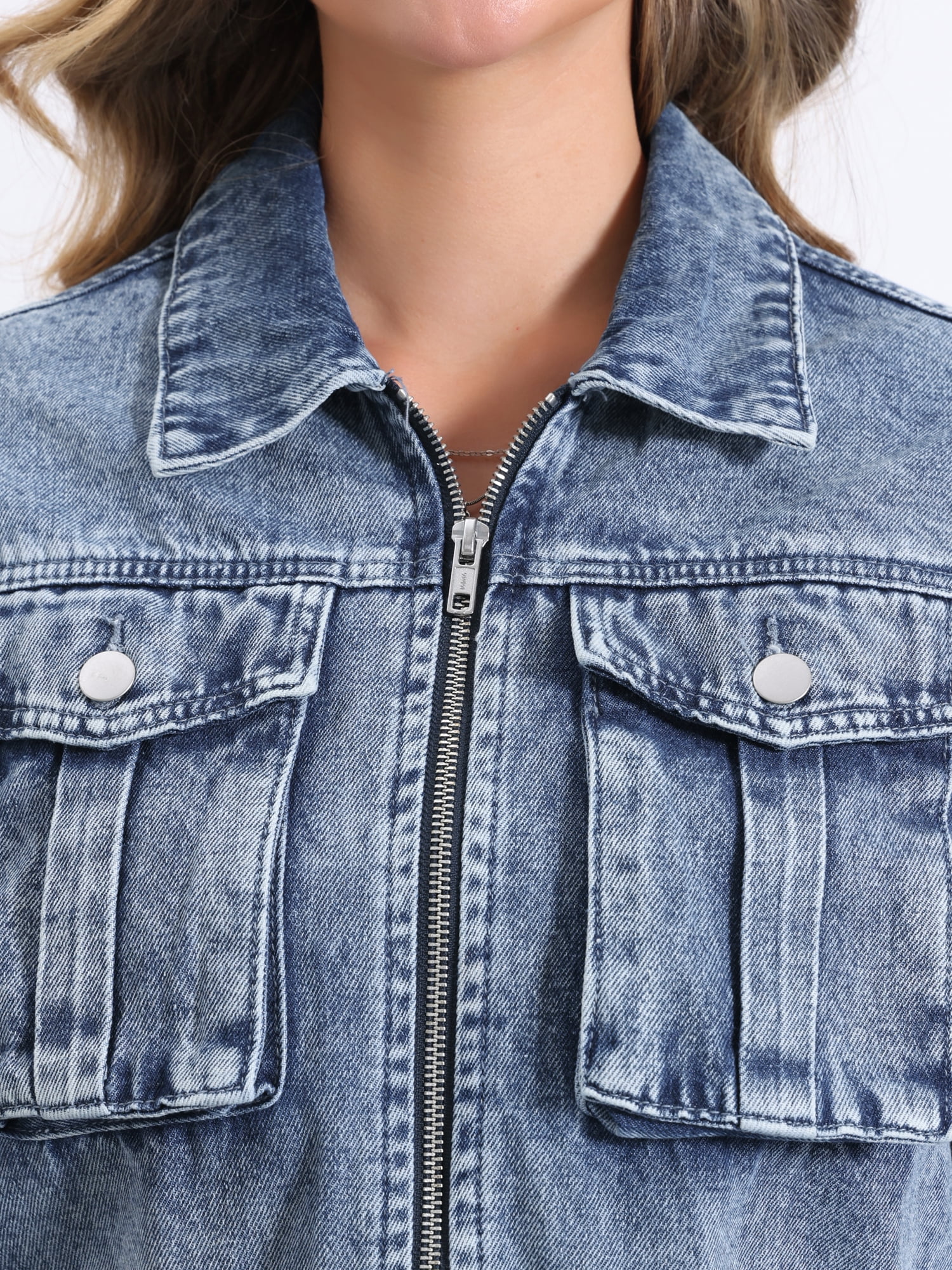 DARING DIVA Women's Zip Up Long Sleeves Cropped Denim Jacket S Washed Blue
