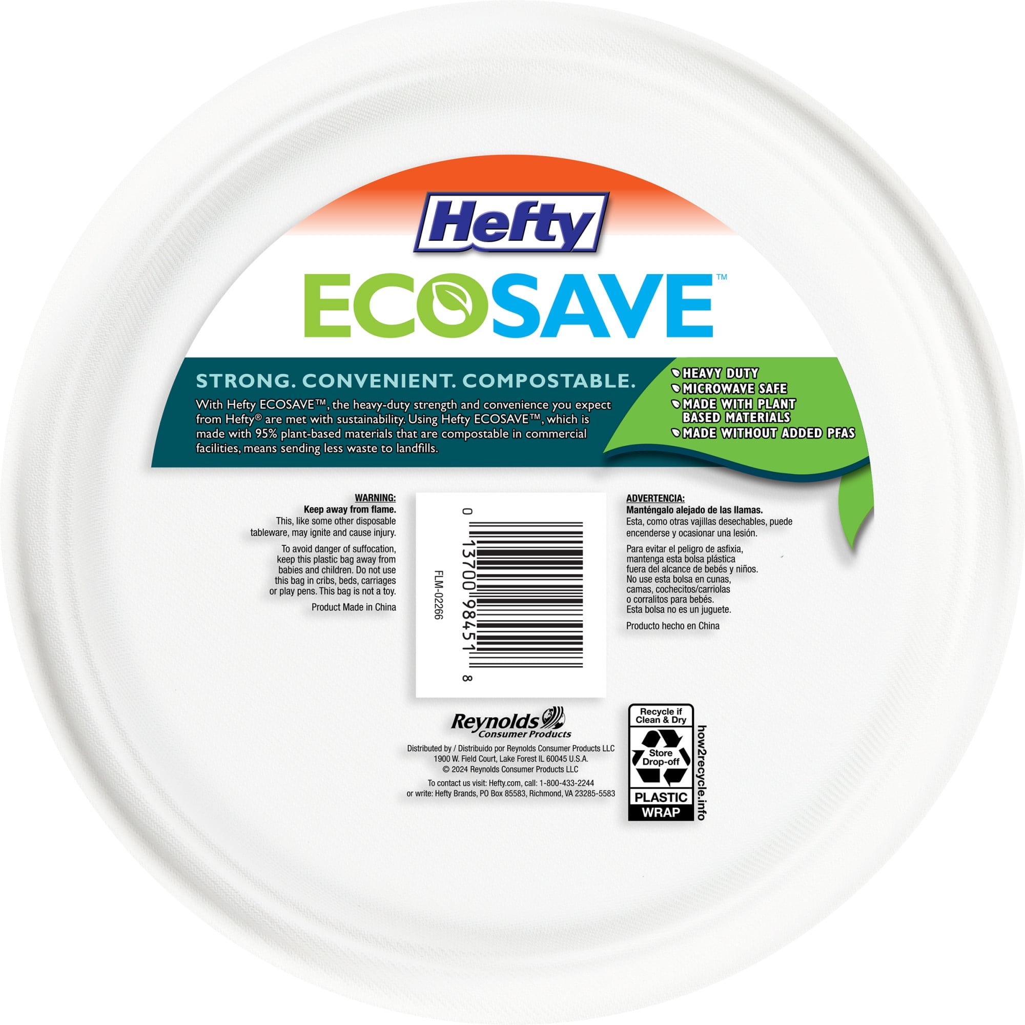 Hefty ECOSAVE Compostable Paper Plates, 8-3/4 Inch, 22 Count