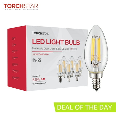 

TORCHSTAR Dimmable E12 LED Candelabra Light Bulb 5.5W(60W Eqv.) UL Listed 600lm Clear Glass Filament Candle Bulbs C11 Vintage Edison Chandelier Bulbs Damp Location 2700K Soft White Pack of 6