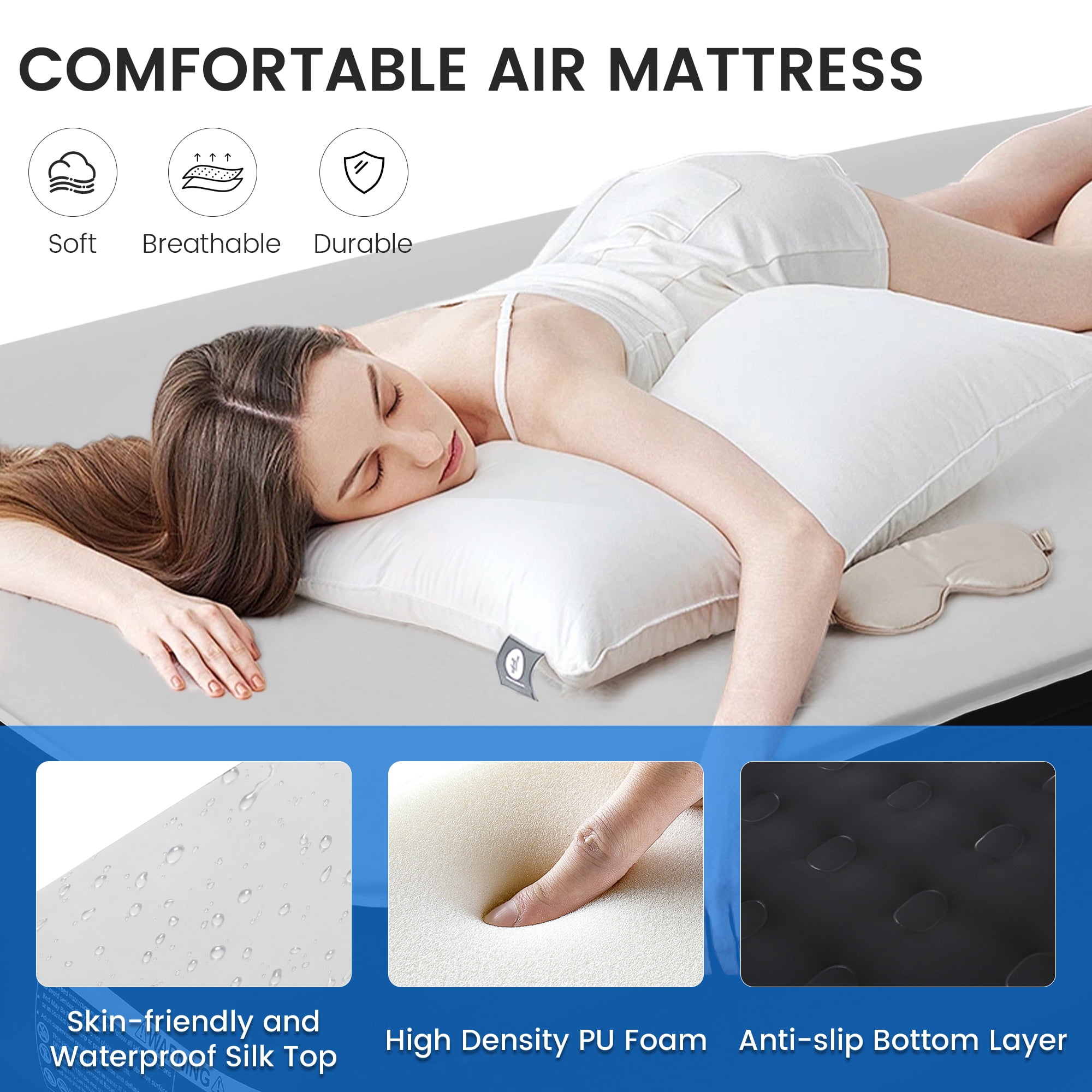 TUAREX Twin Size Air Mattress, 17" Inflatable Bed with Built-in Pump, 1 1/4" Thick Foam Topper, with Milk Fiber Cover, Coil Beam Support, Perfect for Guests & Home