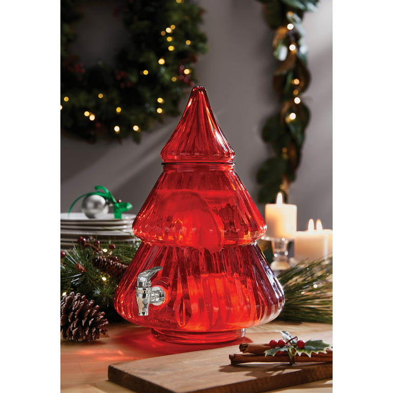 Holiday Time 2.1 Gallon Red Glass Christmas Tree Beverage Dispenser 