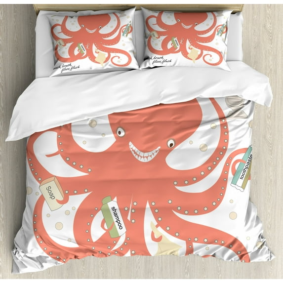 Nautical Duvet Cover Set Queen Size, Octopus Holding Sap Shampoo Toothbrush and Toothpaste with Tentacles, Decorative 3 Piece Bedding Set with 2 Pillow Shams, Coral Beige and Green, by Ambesonne