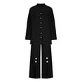 thumbnail image 5 of YABCSAZ Cotton Linen Set Long Sleeve V Neck Button Down Tee Shirt Tops and Wide Leg Pants Summer Casual Loose Fit Solid Color 2 Piece Pajama Sets, 5 of 9