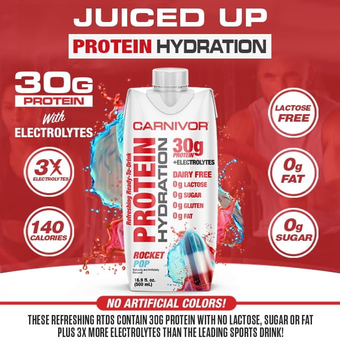 MuscleMeds Carnivor Protein Hydration RTD, Ready to Drink, Lactose Free, Sugar Free, 30g Isolate Protein, Halal Certified, Rocket Pop, 16.9 Fl. Oz., 12 Pack