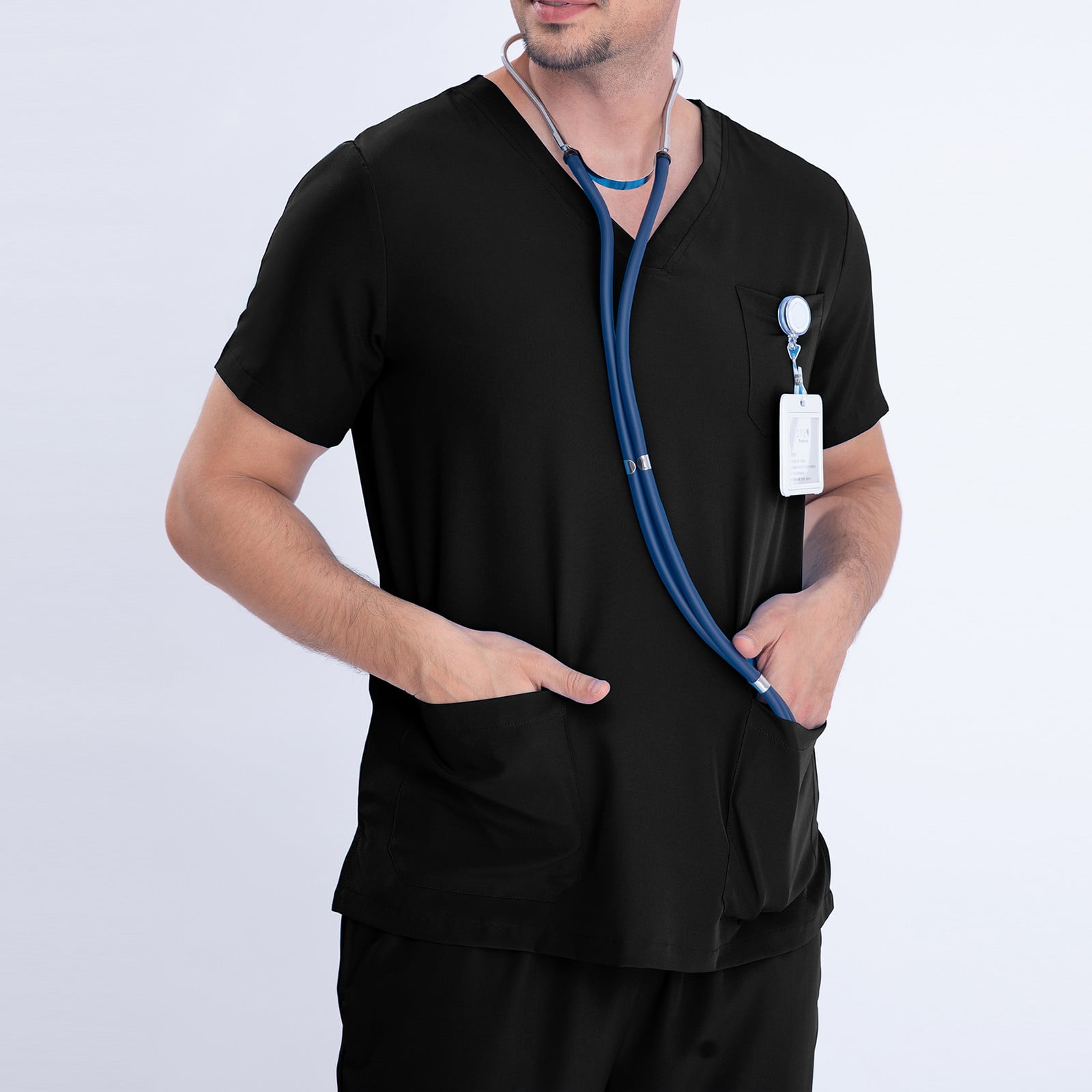 HBYJLZYG Scrubs For Men Set - Stretch V-Neck Scrub Tops & Wide Leg Pants With Pockets - Easy Care Nurses Uniform Clinic Carer Protective 2 Piece Set Black