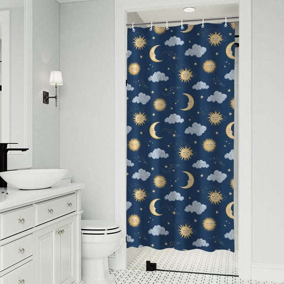 Dark Blue Sun Moon Cloud Star Pattern Shower Curtain 36"x72" ,Bathroom Decorative Shower Curtains Set with 12 Hooks,Modern Waterproof Washable Shower Curtain