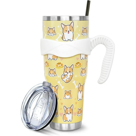 Corgi 40 Oz Tumbler with Handle and Straw, Cute Dog Large Big Stainless Steel Vacuum Insulated Tumbler Iced Coffee Cup Water Bottle Travel Mug, Corgi Gifts for Corgi Lovers Decor Stuff, Yellow Orange