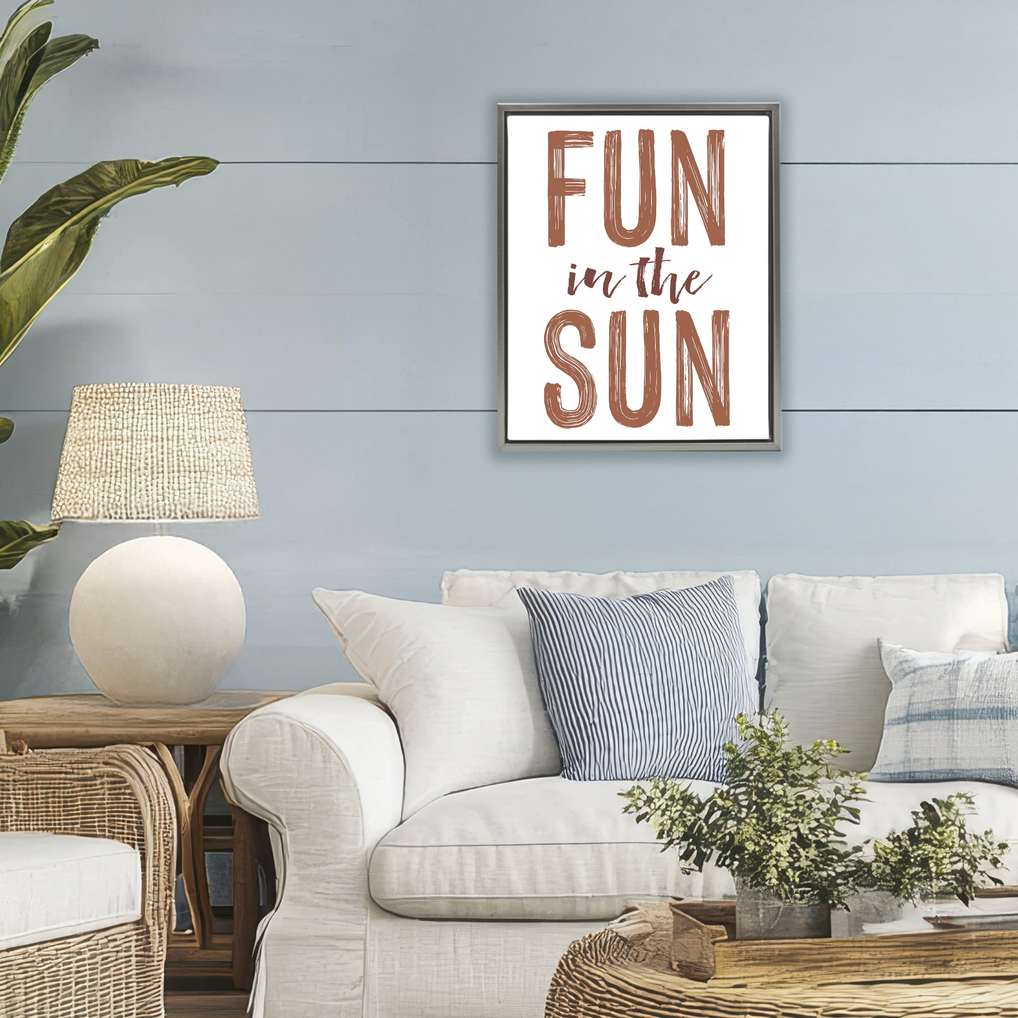 Summer Sentiment Fun In Sun Gray Framed Floater Canvas Wall Art, design by Lettered and Lined