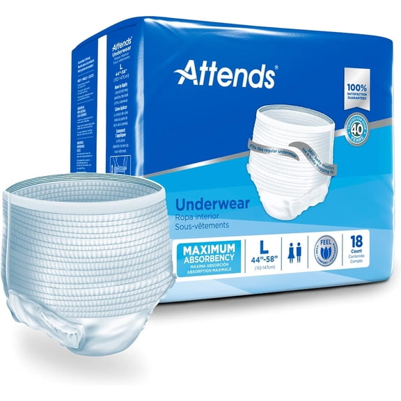 Attends Protective Underwear with DermaDry Technology for Adult Incontinence Care, Unisex, Large, White, 144 Count