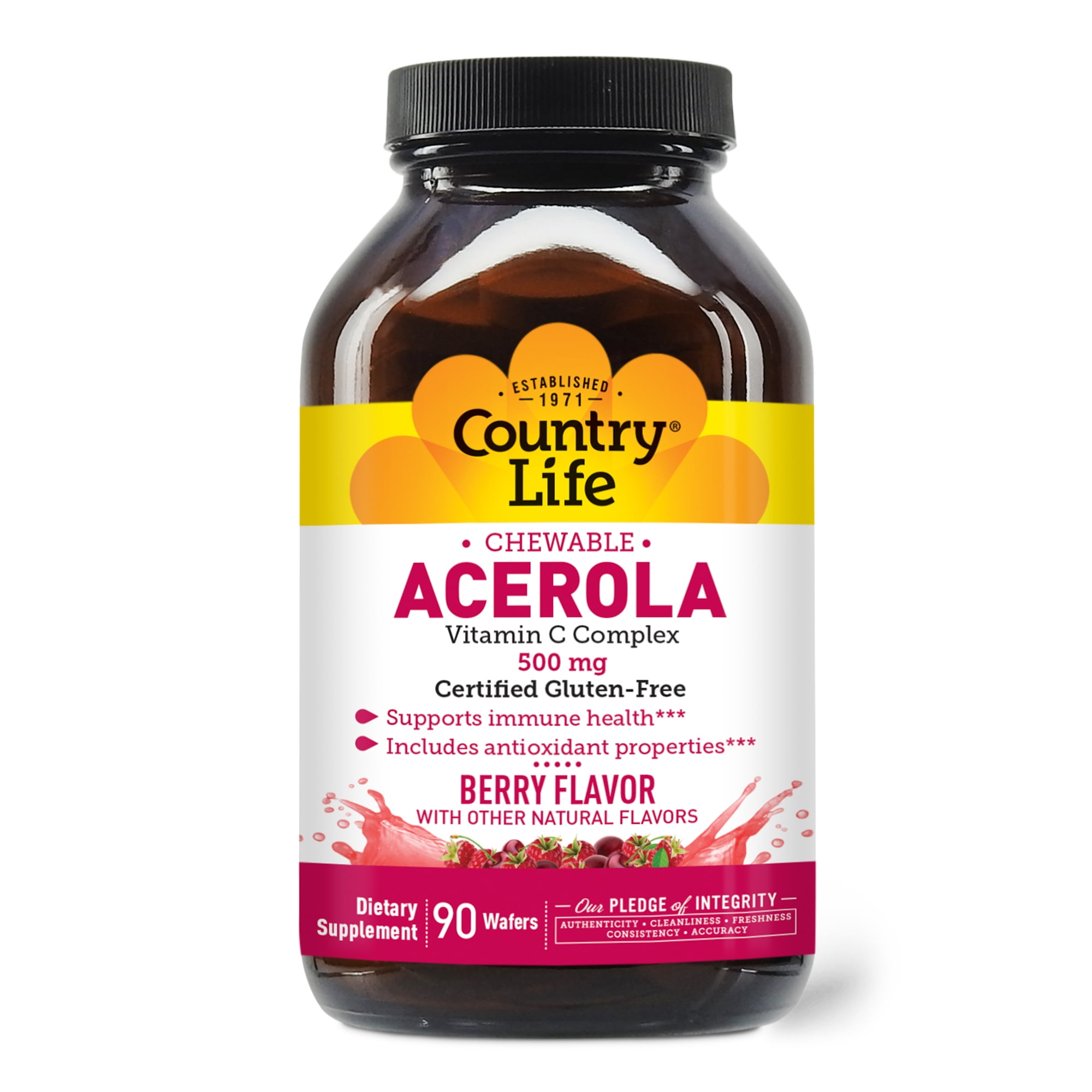 Country Life Acerola Vitamin C Complex 500mg, Berry Chewable Wafers with Citrus Bioflavonoids & Rose Hips, Immune Health Antioxidant Support, Gluten Free, Vegan, 90 Wafers