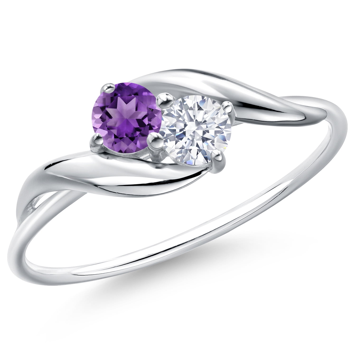 Gem Stone King 10K White Gold Round Purple Amethyst and White Zirconia Ring for Women | 0.48 Cttw | Round 3.5MM | Gemstone Birthstone | Wedding Engagement Anniversary Promise Ring for Women | Size 9