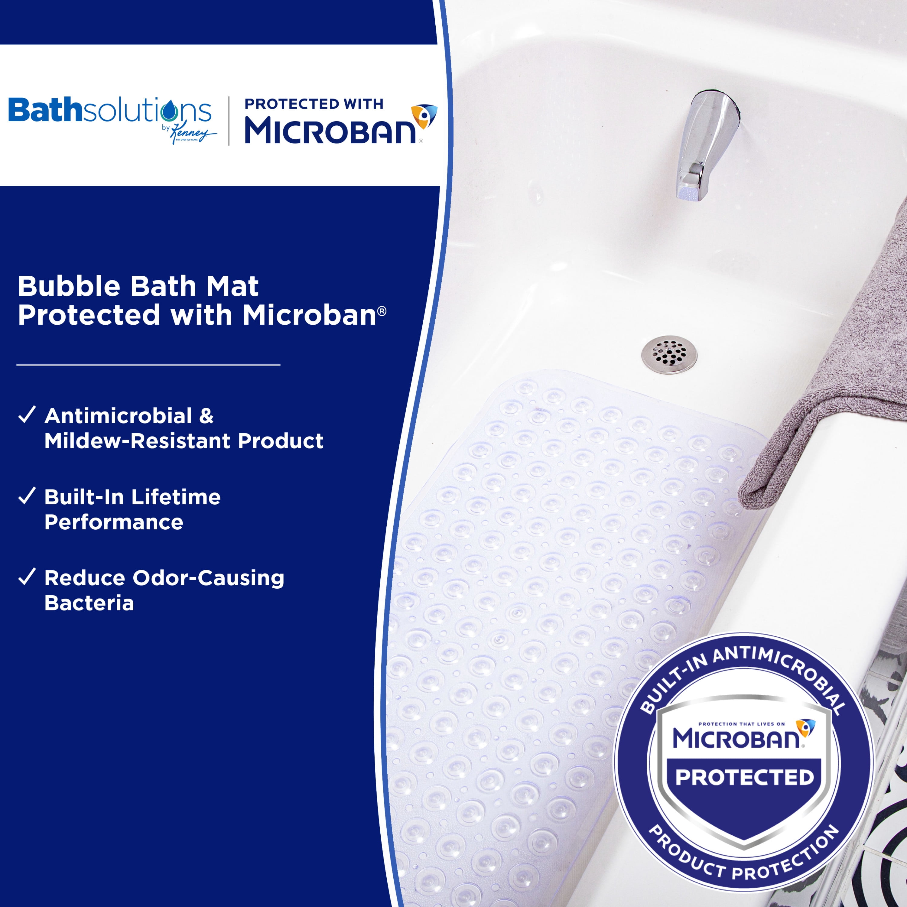 Kenney Microban Protected Bubble Bath Mat, 26.75" L x 14.5" W, Clear