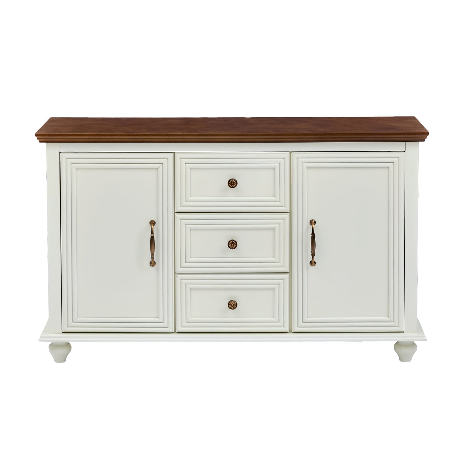 Hommoo Mid Century Modern Sideboard Buffet Cabinet, Wooden Accent Storage Cabinet with 2 Doors and 3 Drawers for Kitchen Dining Living Room Entryway, Brown White